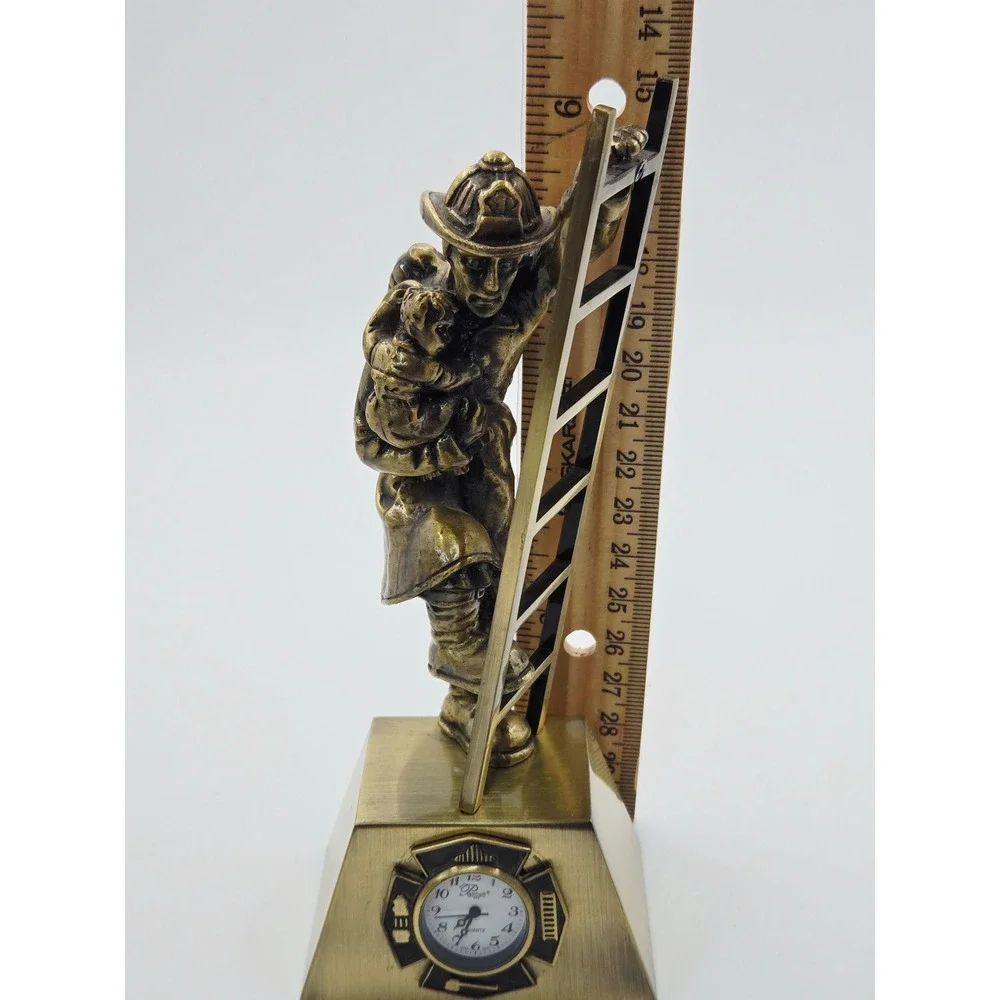 Firefighter Figurine Desk Clock Bronze‎ Fireman Ladder Rescue 6